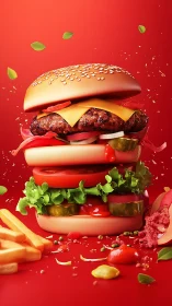 Layered cheeseburger stack with fries on vibrant red background.