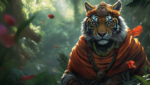 Tiger wearing ornate orange robes sits in dense jungle