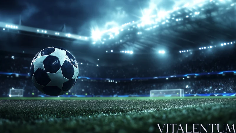 Soccer ball on illuminated stadium pitch under night floodlights.