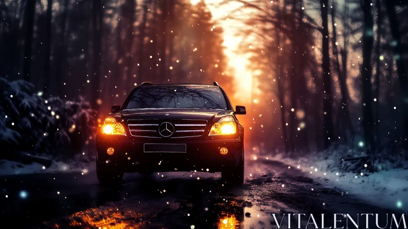 Cinematic SUV frontal night drive in snowy forest corridor.