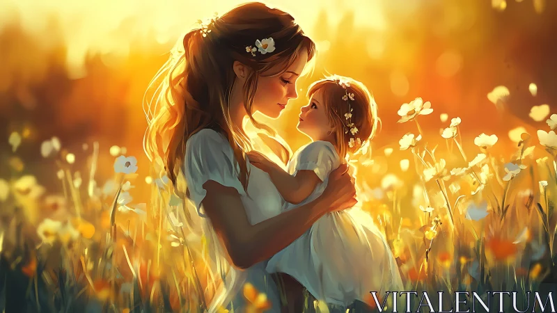 Mother holding child in warm sunset flower meadow scene