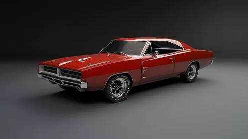 3D studio render of classic red muscle car with gloss finish.
