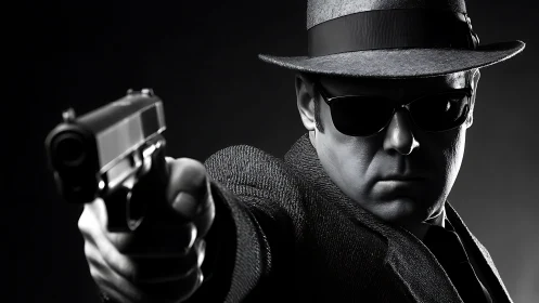 Noir hitman in fedora aiming pistol toward viewer.