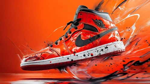 Dynamic red sneaker bursts through energetic paint splashes.