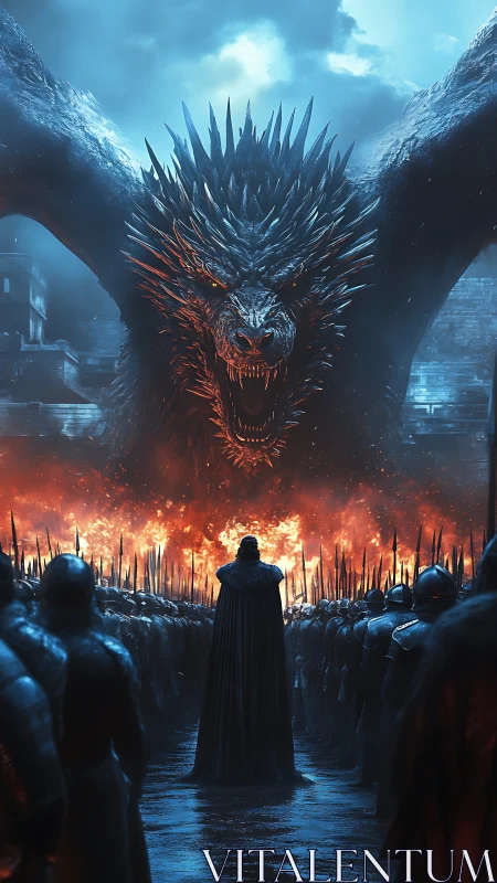 Armored army faces massive dragon over burning battlefield