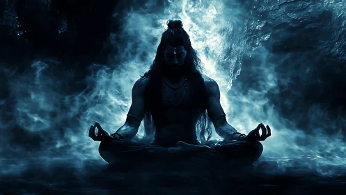 Silhouetted figure sits in cross‑legged pose within mist