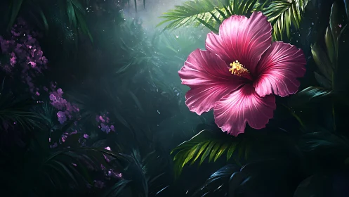 Pink Hibiscus Illuminated by Ethereal Light in Jungle Foliage