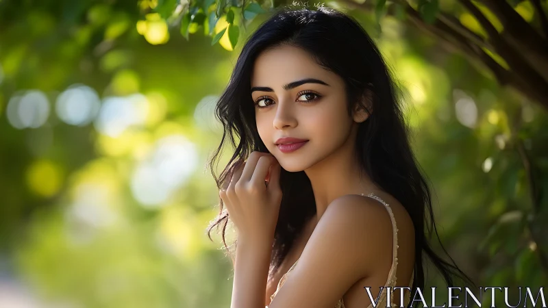 Portrait captures serene woman framed by soft green bokeh