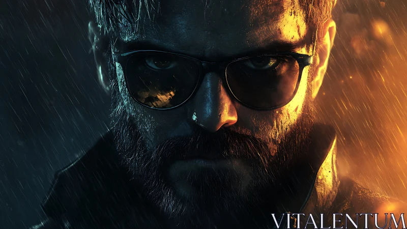 Brooding bearded man in rainlit cinematic close up portrait.
