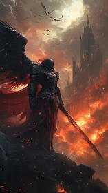 Armored fallen angel over volcanic hellscape with gothic citadel