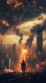 Silhouetted man observes burning city street and aircraft attack