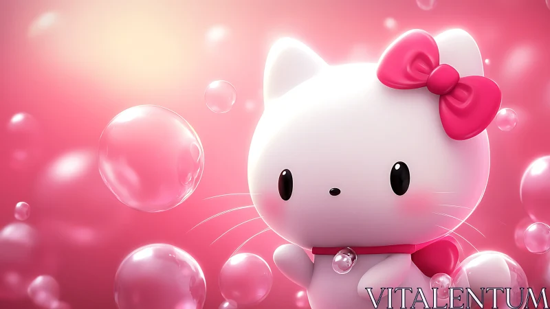 Cute chibi white cat with pink bow amid glossy bubbles.