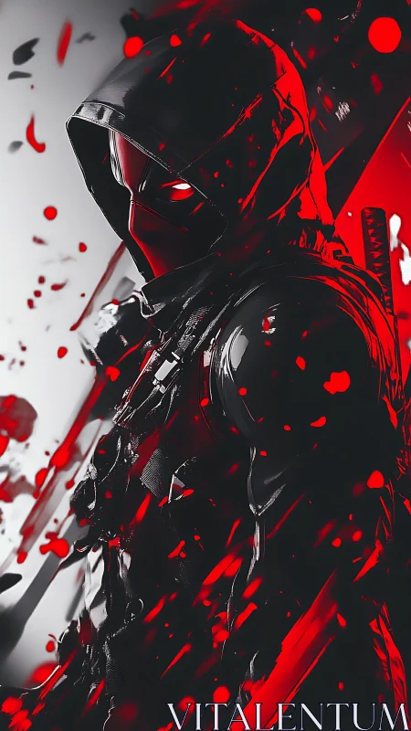 Hooded neon rogue stepping through a storm of red light.