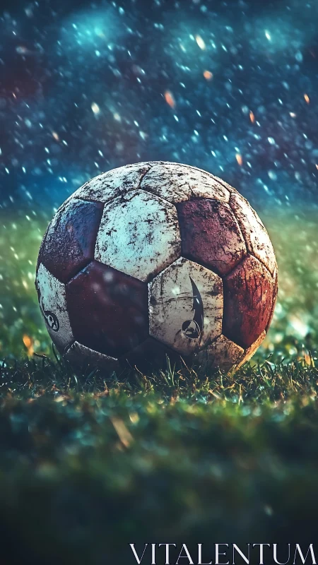 Weathered football under cinematic rain illumination.
