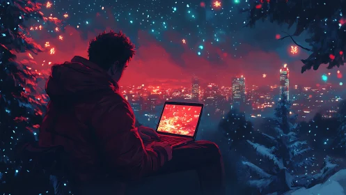Coder watches winter cityscape while working outdoors
