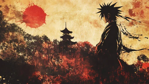 Samurai silhouette before crimson sun and ink-splashed shrine.