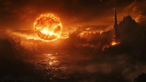 Molten exoplanet wasteland under colossal burning sun.