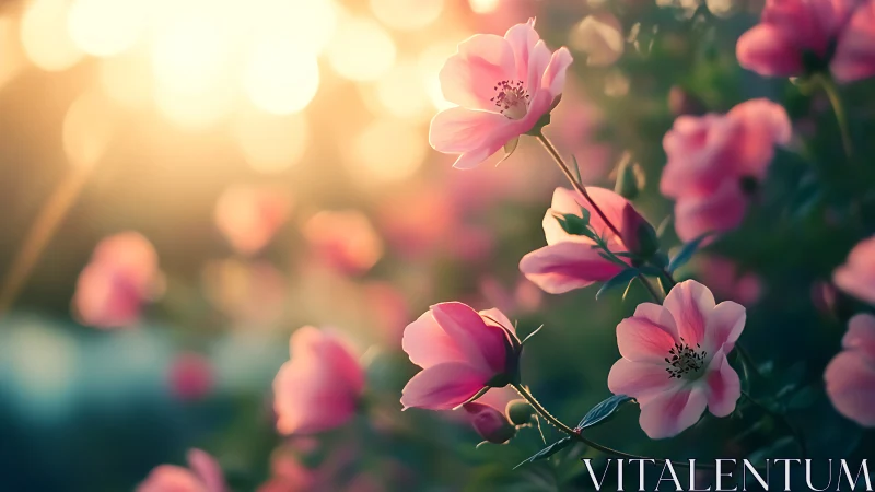 Pink flowers with bokeh background and warm sunlight.