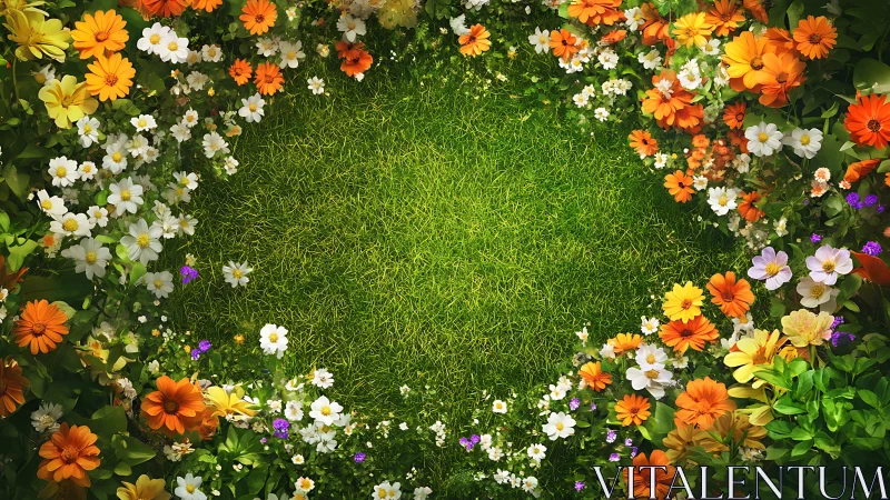 Aerial view of colorful flowers and green grass