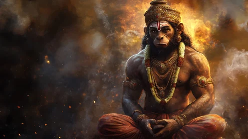 Sacred warrior monkey in calm firelit meditation pose.
