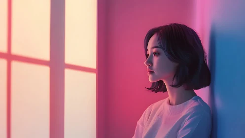 Soft neon window light wraps a quiet girl in calm color