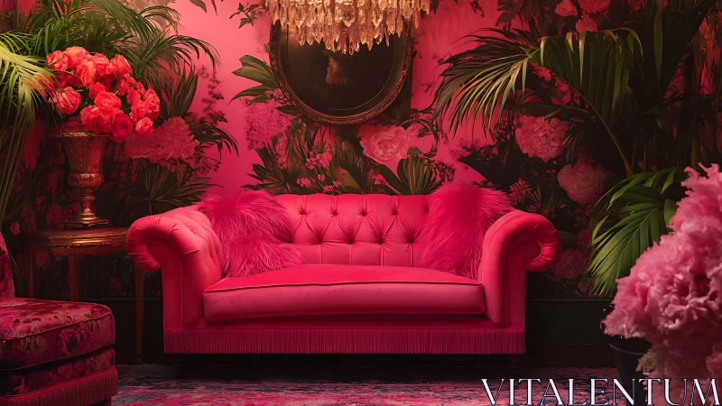 Hot pink velvet sofa anchors lush floral maximalist lounge.