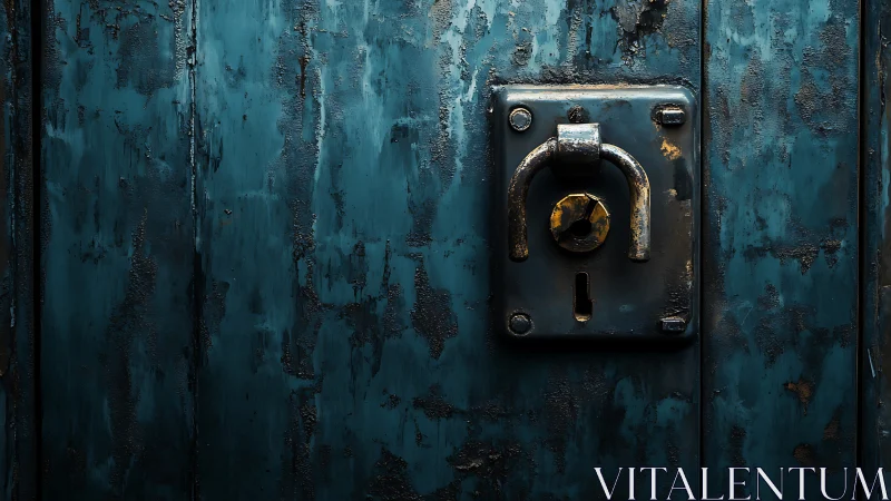 Corroded steel door lockplate reveals textured industrial decay