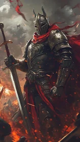 Armored warrior holding sword amid burning battlefield.