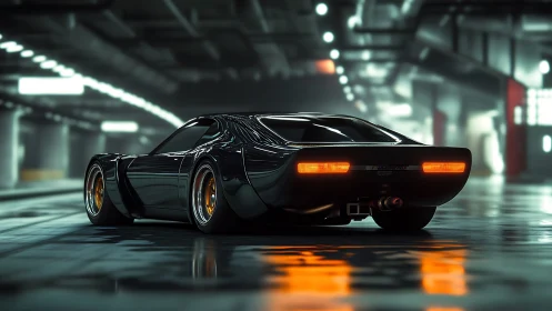 Midnight muscle machine idling in neon-soaked concrete cathedral.