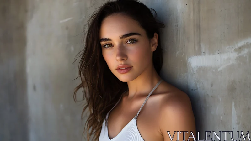 Portrait of young woman in white top against concrete wall.