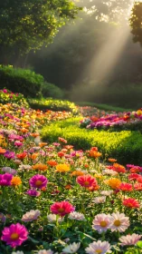Sunlit Flower Meadow with Dramatic Rays Through Ancient Trees