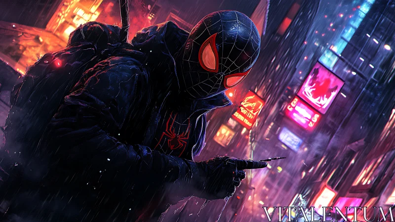 Neon-soaked web runner slices through the rainy night city