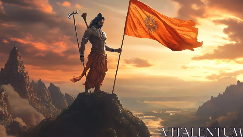 Mythic warrior crowns the horizon with a blazing saffron flag.