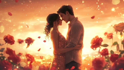 Golden Moment: Romantic Couple Embracing in Radiant Rose Field