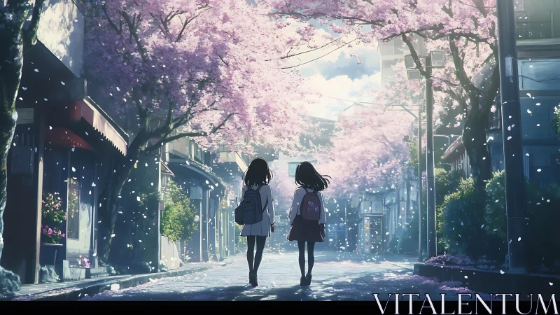 Backlit cherry avenue with two students under drifting petals.