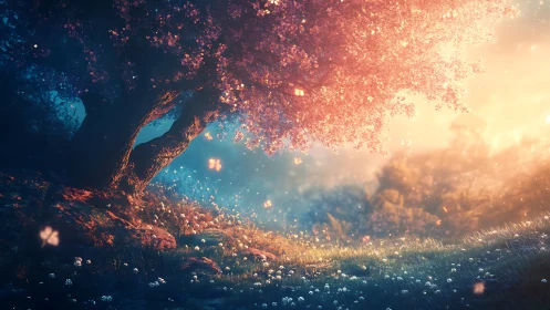 Glowing cherry tree welcomes dusk with soft magical light