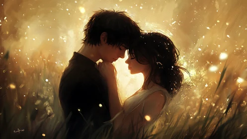 Two figures embrace amid golden light and falling particles.
