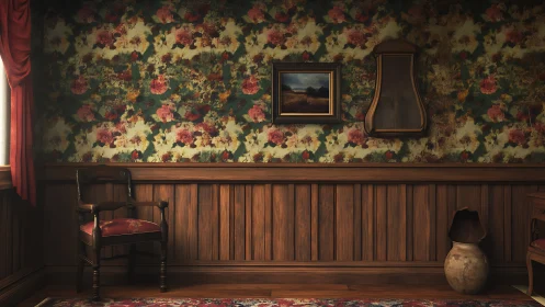 Vintage floral parlor interior shows worn ornate furnishings