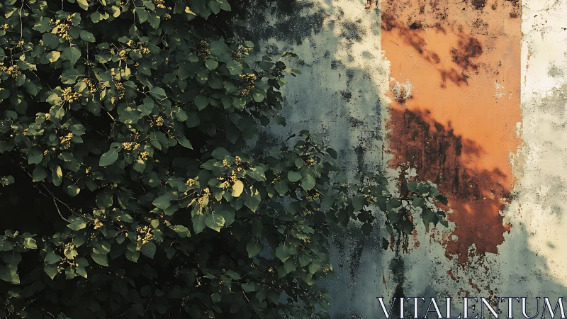 Sunlit foliage softens a weathered concrete wall&rsquo;s decay