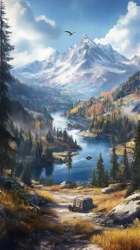 Snowcapped mountains rise above serene alpine lake valley.