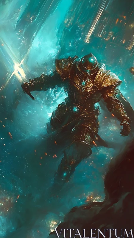 Armored knight strides through luminous icy vortex of power.