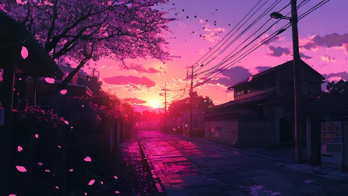 Twilight-lit residential street renders saturated magenta sky gradients