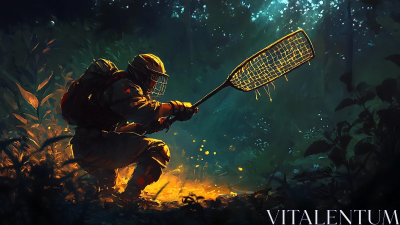 Armored explorer kneels in glowing forest clearing at night.