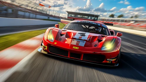 Red GT race car powers through a sunlit track curve at speed