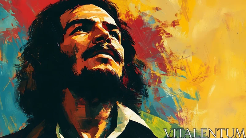 Bold portrait of a bearded man against abstract color fields.