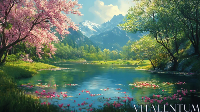 Spring alpine lake with cherry blossoms and snow-capped peaks