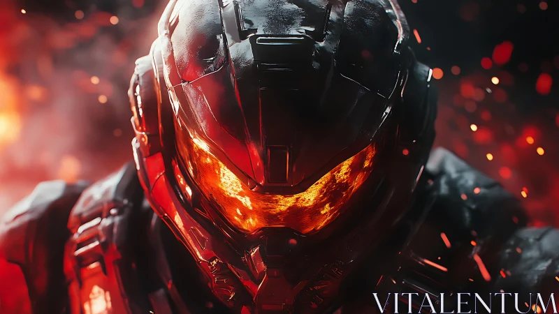 Molten visor hero in blazing sci fi battle glow.