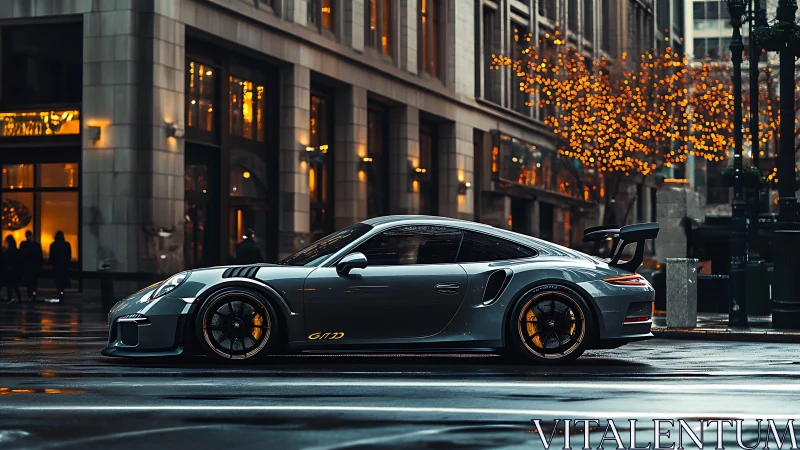 Silver sports car stands parked on wet city street at dusk