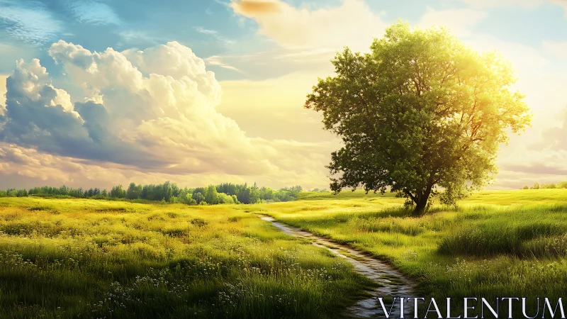 Sunlit country path curving through vibrant summer meadow.