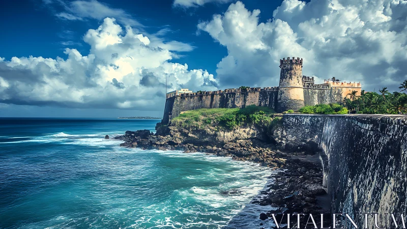 Coastal Fortress on Rocky Headland with Turquoise Waters.
